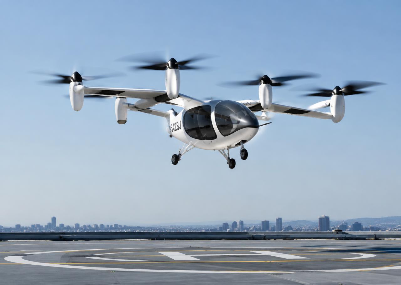 eVTOL branco com rotores basculantes pairando sobre um vertiporto