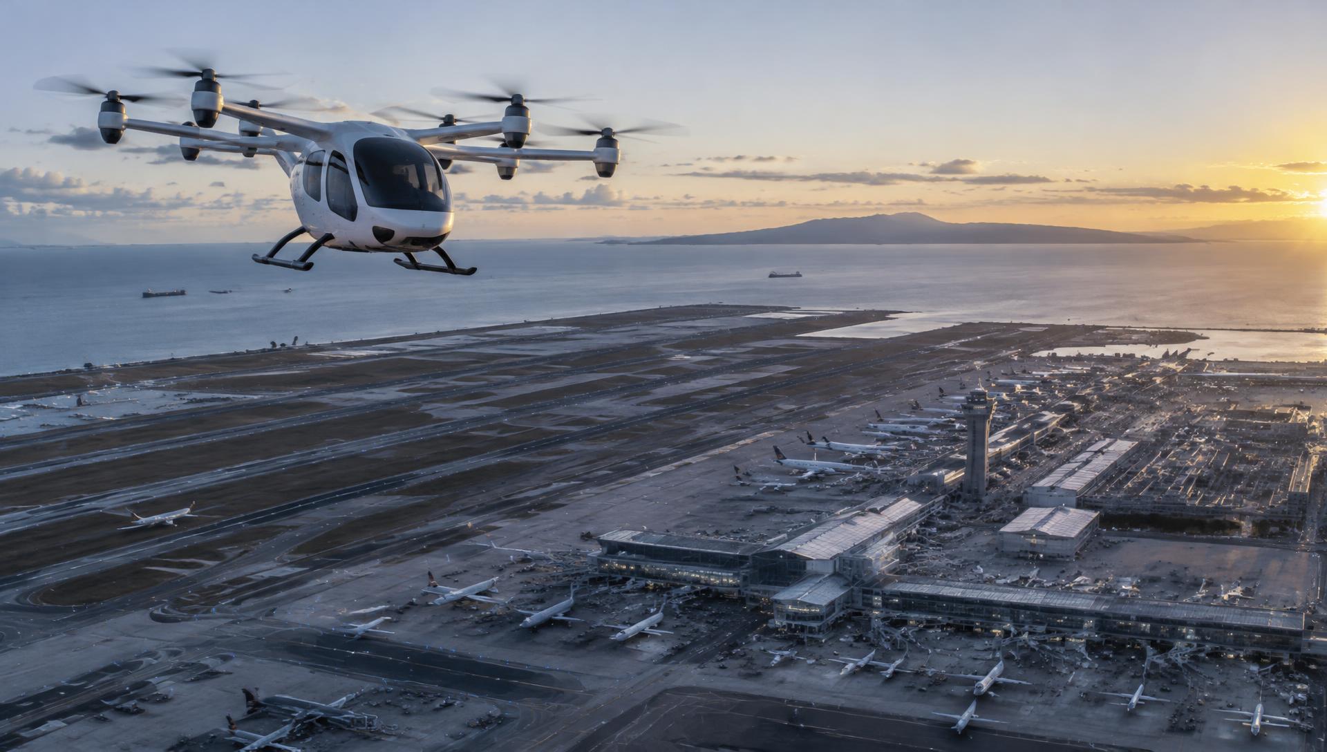 Vista aérea ilustrativa de um grande aeroporto com pistas paralelas e um eVTOL sobrevoando
