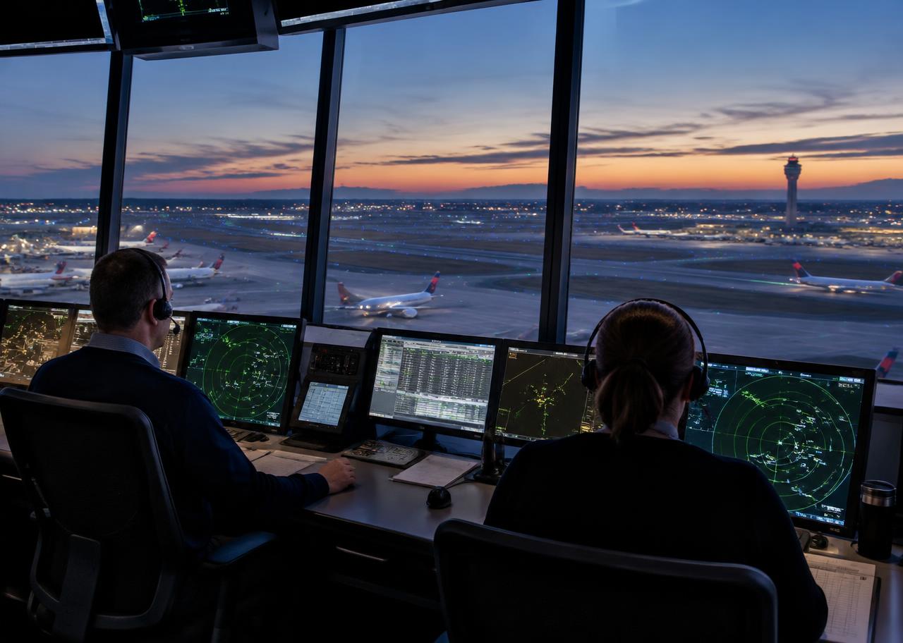 Controladores em uma torre de controle observando pistas e radares ao entardecer